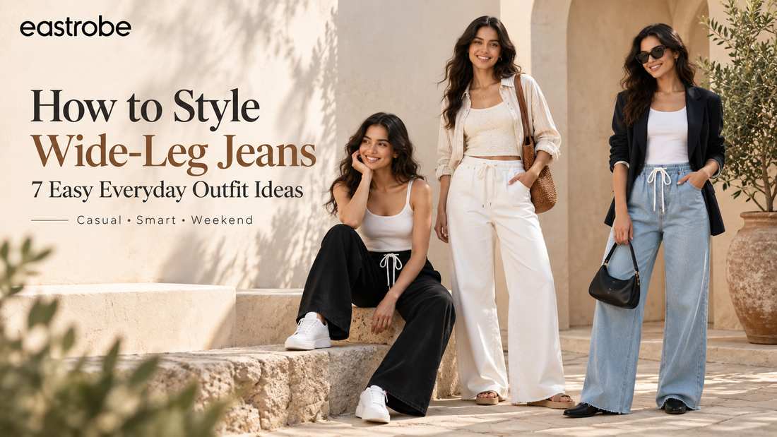 Eastrobe guide showing easy ways to style wide-leg jeans for everyday outfits