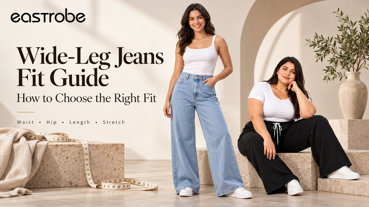 Eastrobe wide-leg jeans fit guide for women in Pakistan covering waist, hip, length and stretch