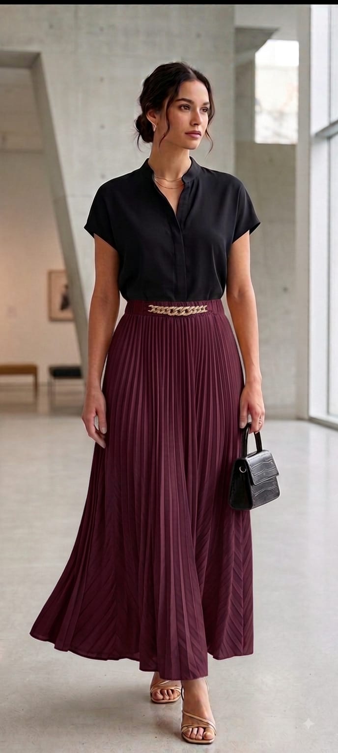 Women's Chevron Maroon Pleated Skirt with Gold Accent Belt