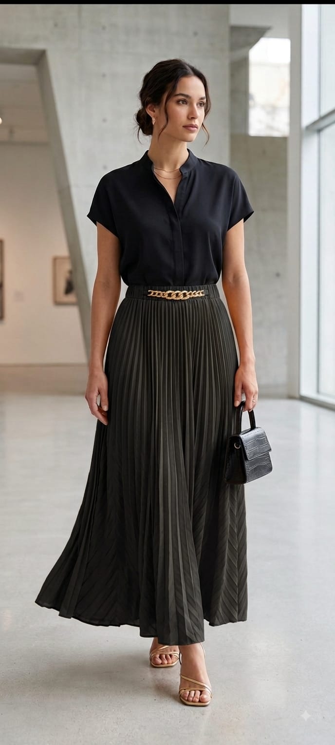 Women's Chevron Olive Pleated Skirt with Gold Accent Belt
