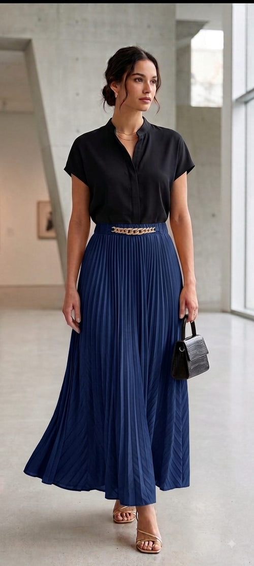 Navy Eastrobe chevron pleated skirt with gold accent belt