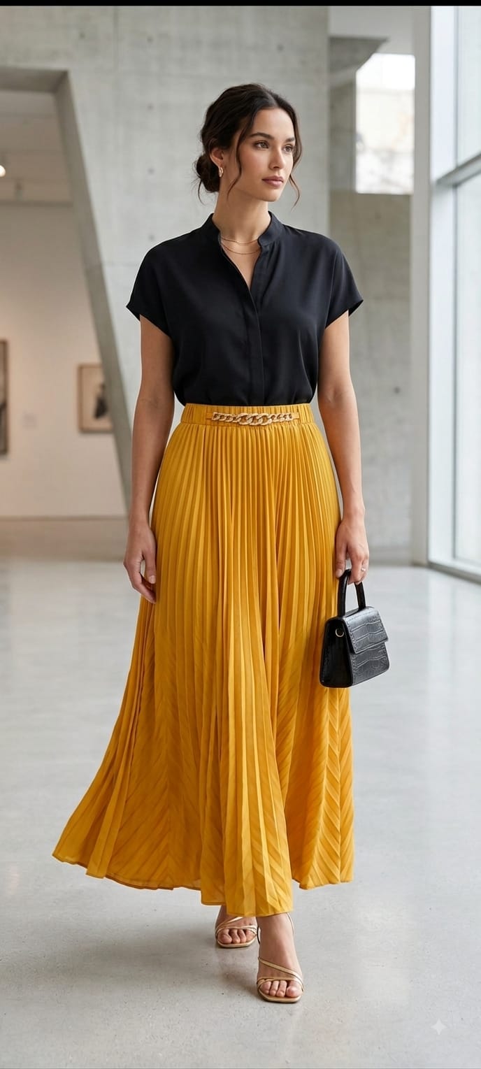 Women's Chevron Musturd Pleated Skirt with Gold Accent Belt