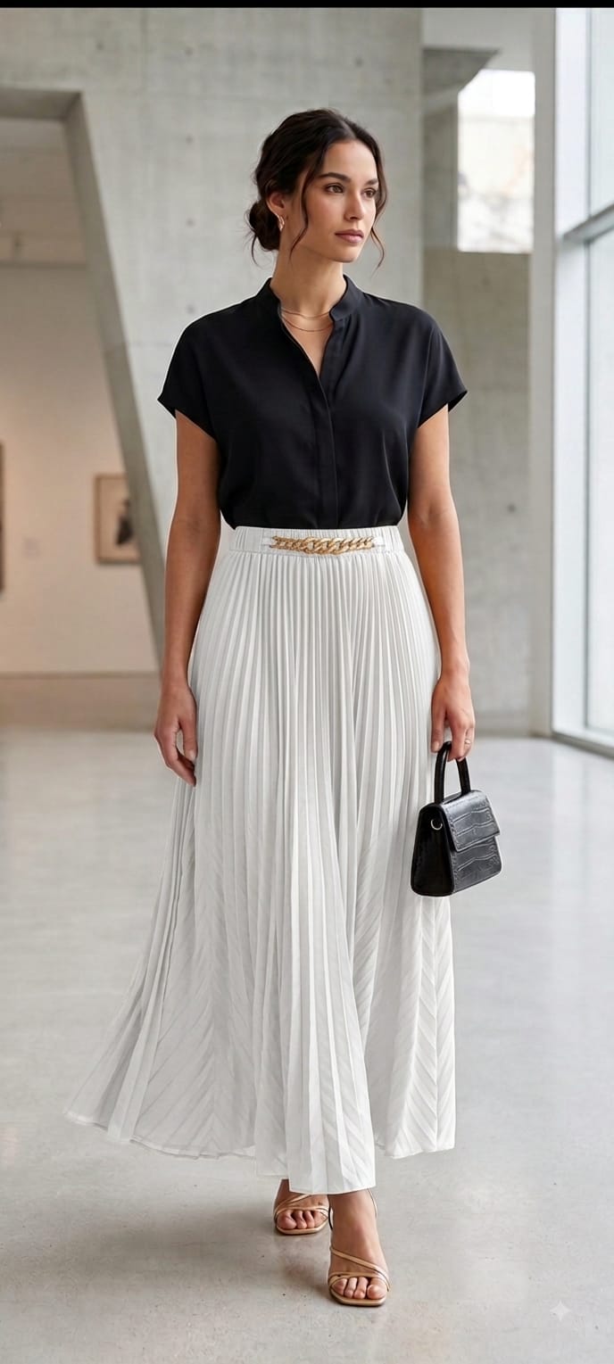 Women's Chevron white Pleated Skirt with Gold Accent Belt