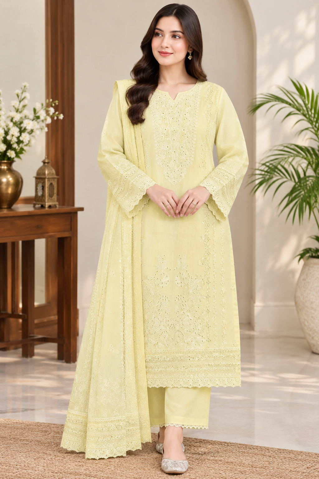 Eastrobe Premium Soft Khadar 3-piece embroidered suit Design 02 in Butter Yellow with printed dupatta