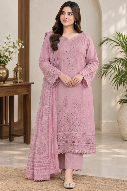 Eastrobe Premium Soft Khadar 3-piece embroidered suit Design 02 in Dusty Rose with printed dupatta