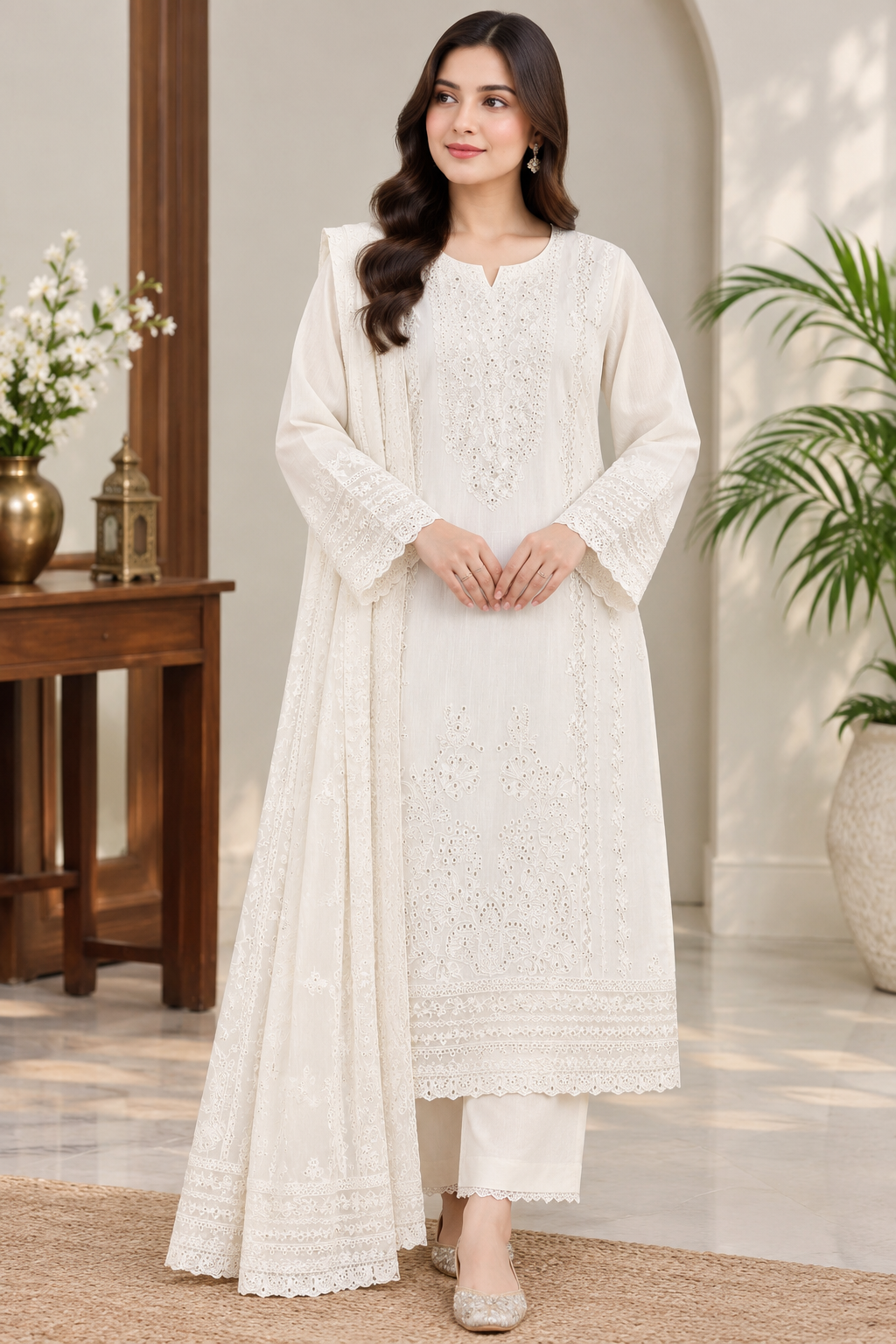 Eastrobe Premium Soft Khadar 3-piece embroidered suit Design 02 in Ivory with printed dupatta