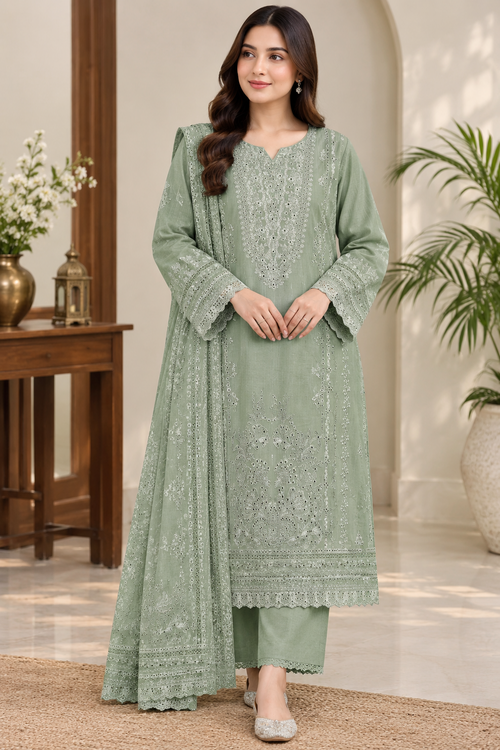 Eastrobe Premium Soft Khadar 3-piece embroidered suit Design 02 in Sage Green with printed dupatta