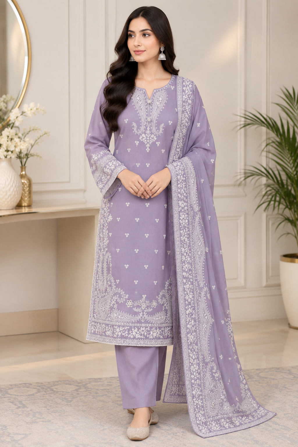 Eastrobe premium soft Khadar 3-piece embroidered suit in lilac with printed dupatta