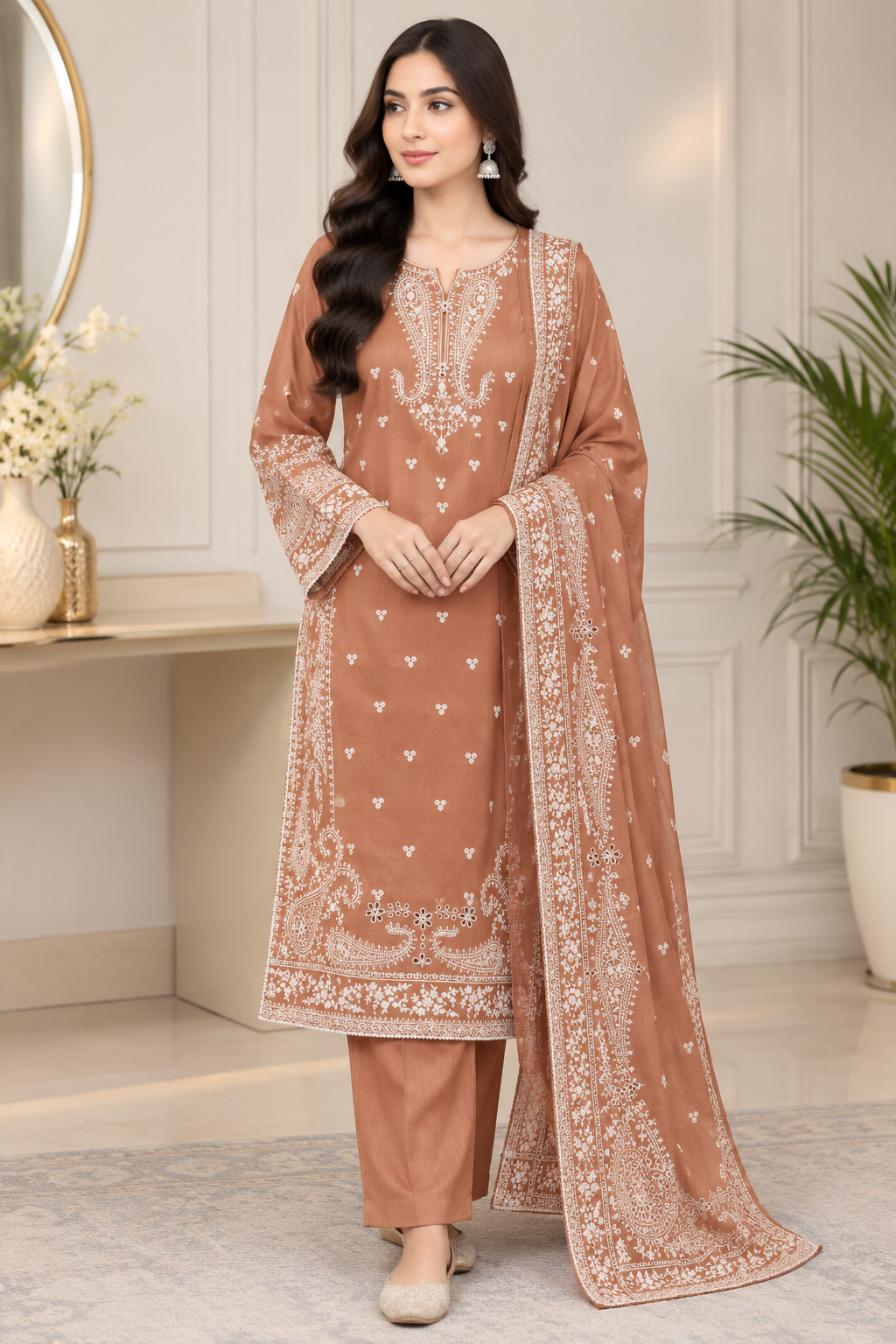 Eastrobe premium soft Khadar 3-piece embroidered suit in rust with printed dupatta