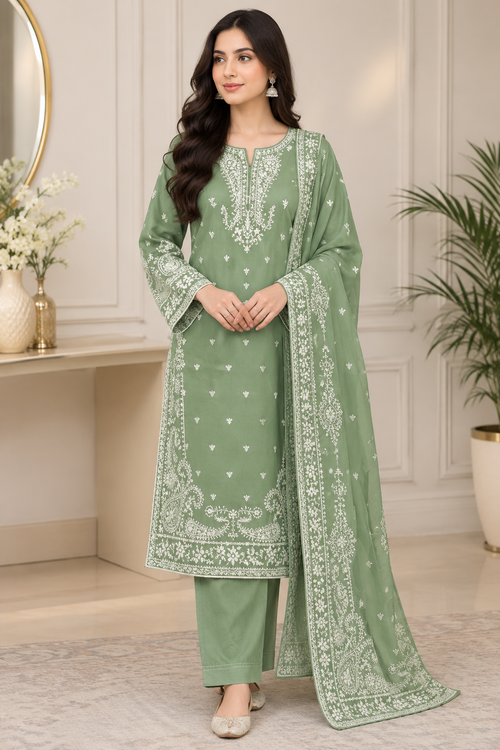 Eastrobe premium soft Khadar 3-piece embroidered suit in sage green with printed dupatta