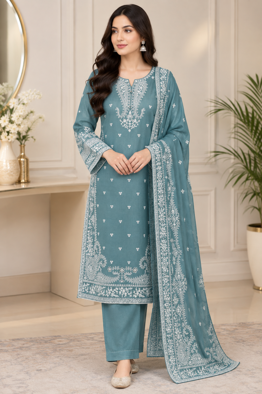 Eastrobe premium soft Khadar 3-piece embroidered suit in teal with printed dupatta