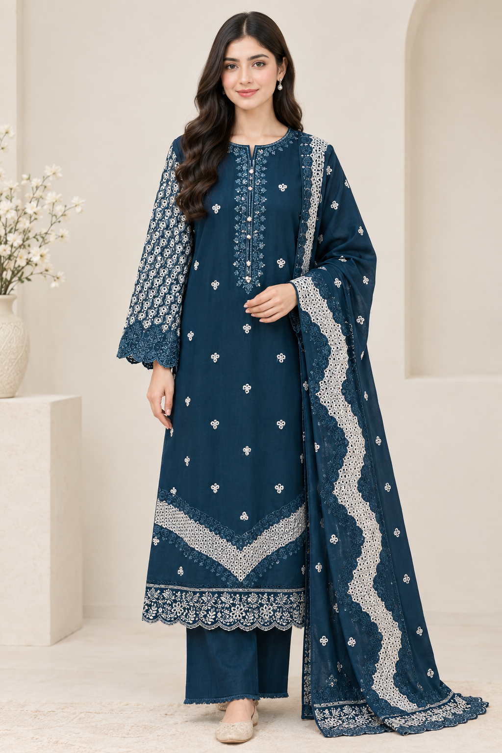Eastrobe Premium Soft Khadar 3-piece embroidered suit Design 03 in Deep Navy with printed dupatta
