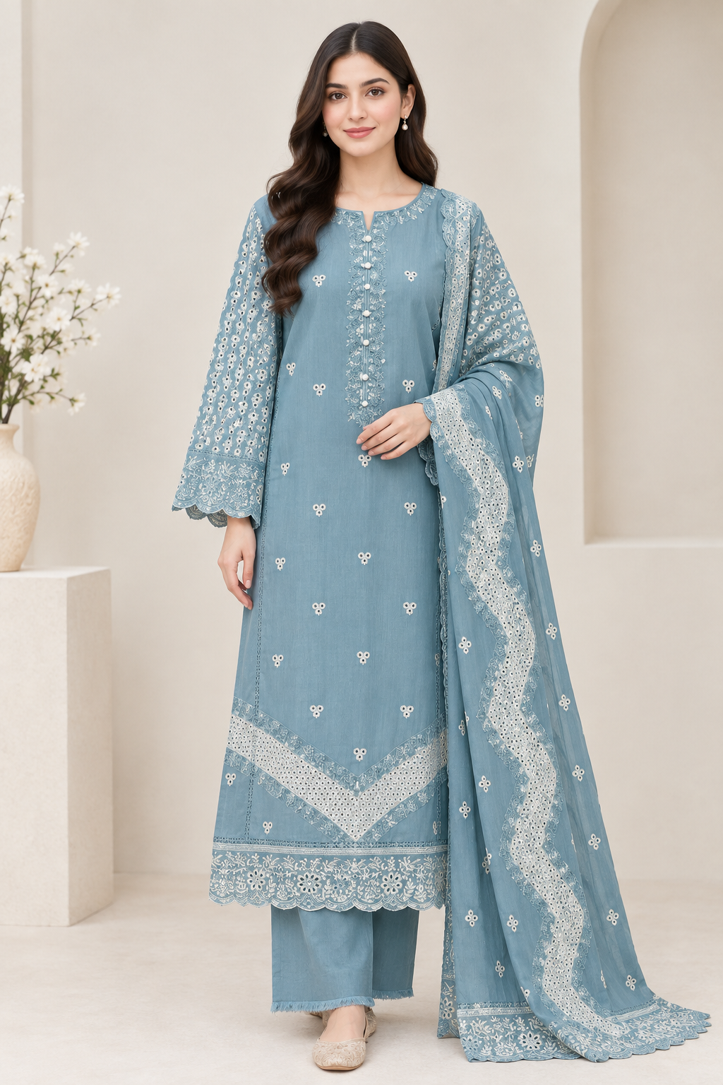 Eastrobe Premium Soft Khadar 3-piece embroidered suit Design 03 in Dusty Blue with printed dupatta