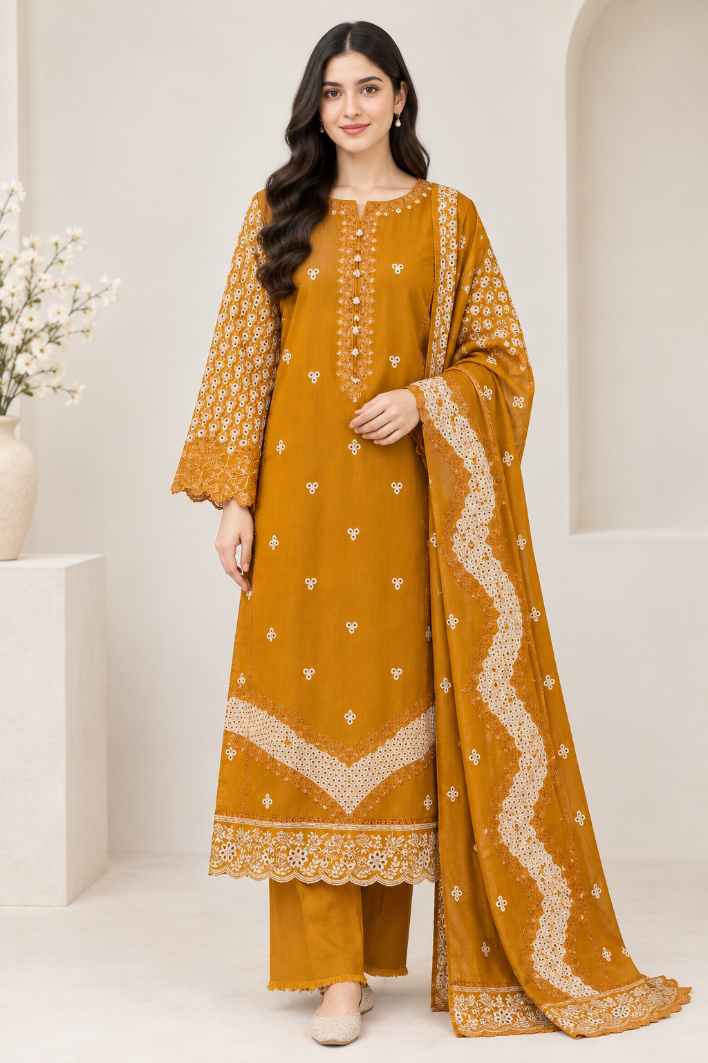 Eastrobe Premium Soft Khadar 3-piece embroidered suit Design 03 in Mustard with printed dupatta