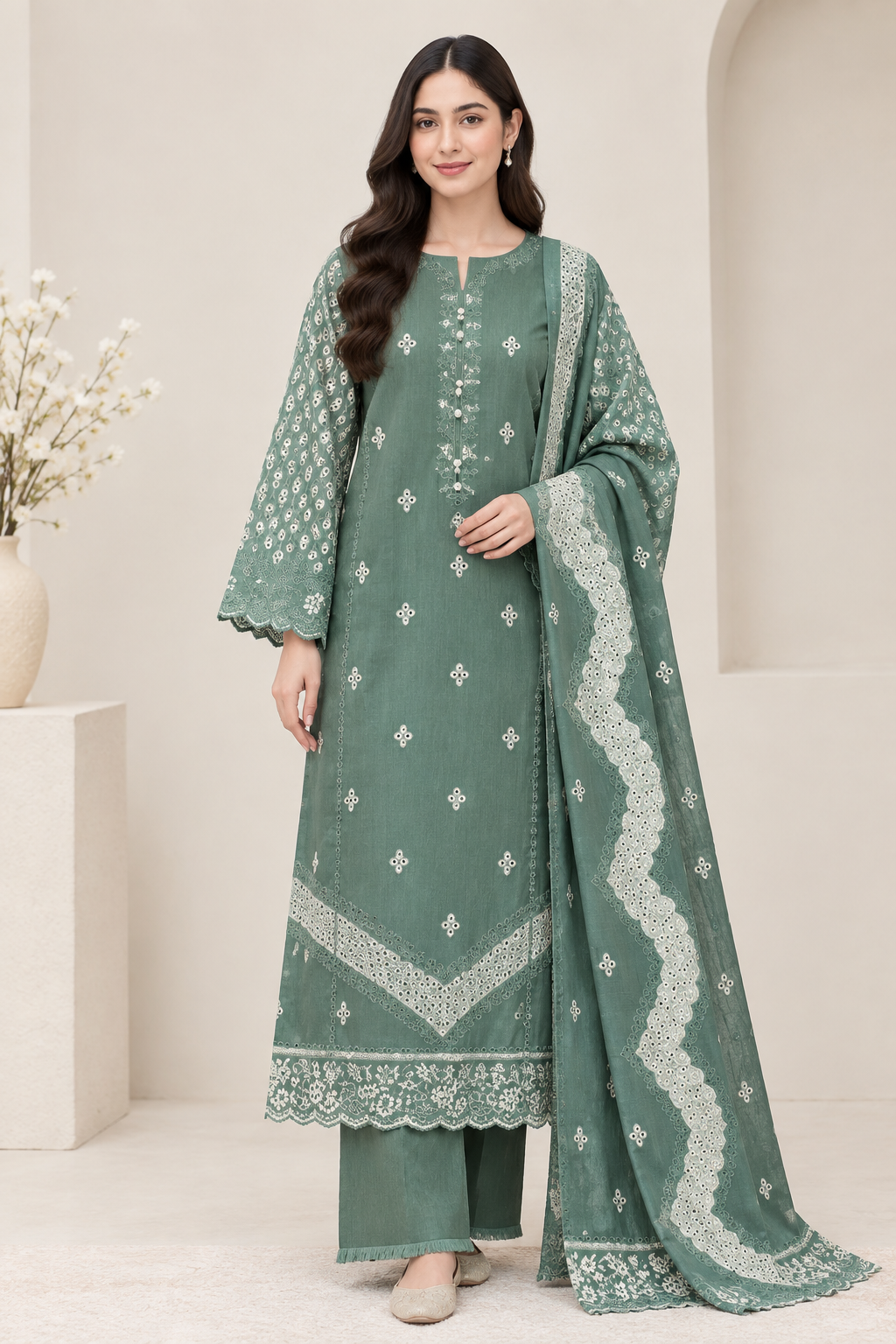 Eastrobe Premium Soft Khadar 3-piece embroidered suit Design 03 in Sage Green with printed dupatta