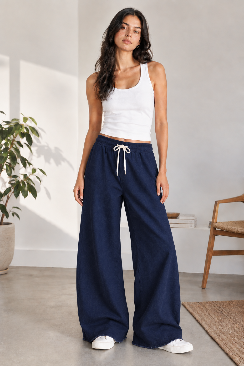 Full-length model view of Eastrobe women's stretch wide-leg jeans in XS–L